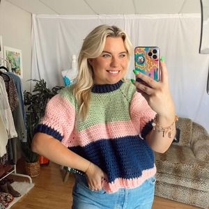 handmade crochet knit sweater pink blue green spring statement top